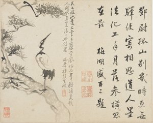 风景，花卉和鸟类：清代松树上的鹤，1780年（纸上墨水）